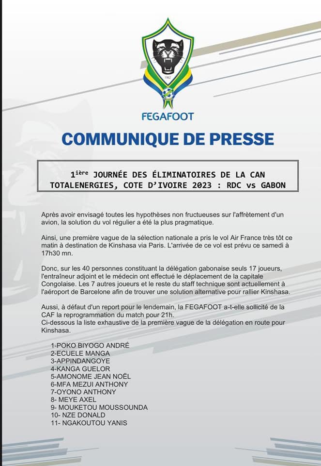RDC vs Gabon : Panthères réduites à 17 et un report à 21h, la dernière solution du Gabon !
