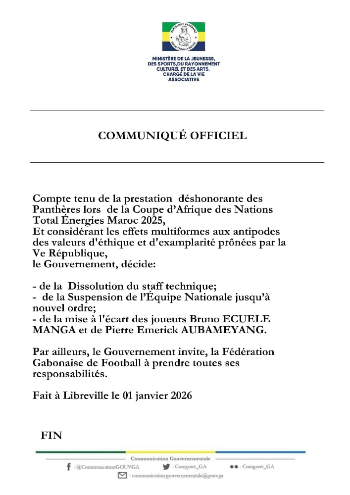 CAN 2025 : le gouvernement gabonais dissout le staff des Panthères et suspend son équipe nationale