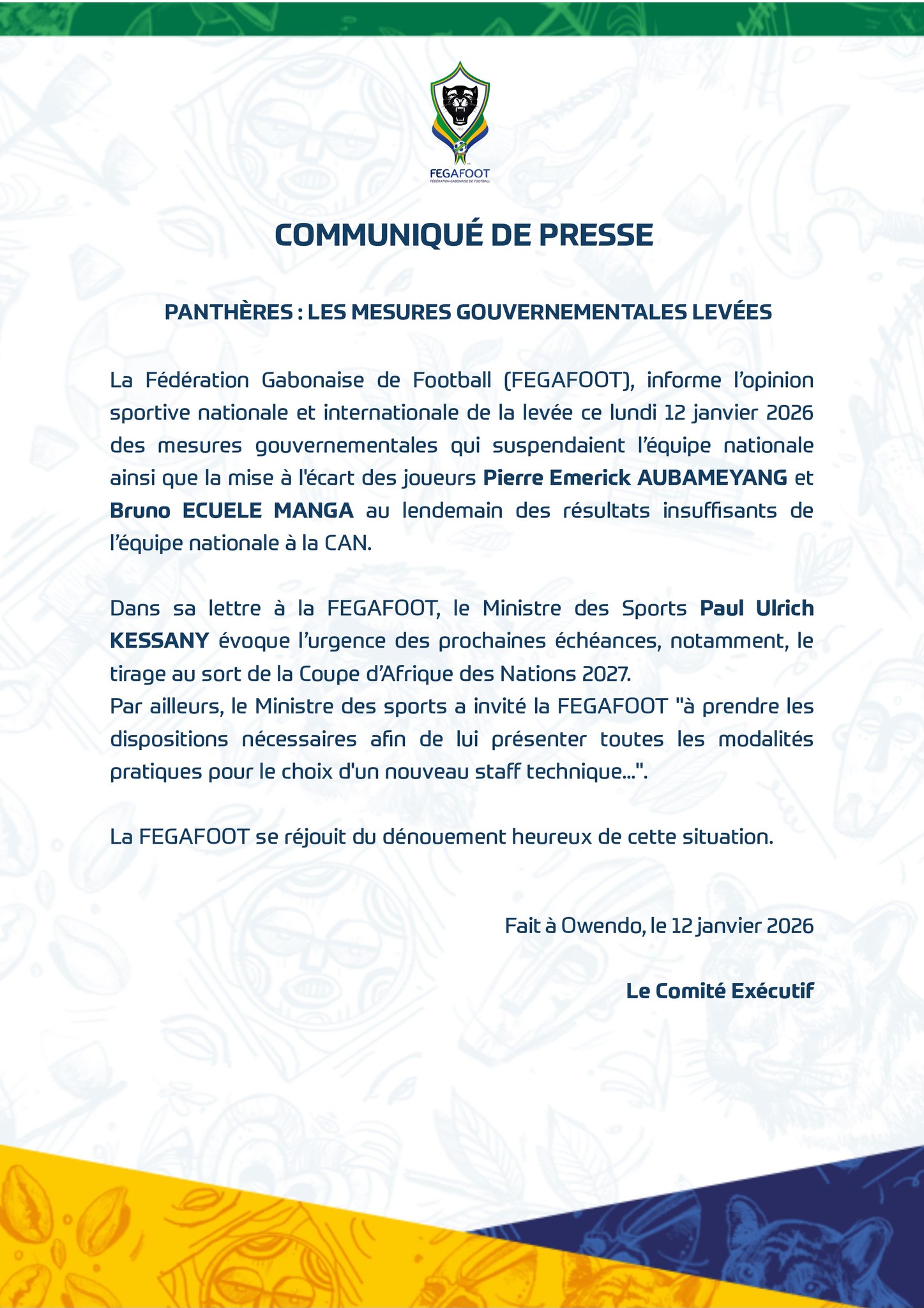 Gabon : Le gouvernement lève la suspension des Panthères, Aubameyang et Ecuele Manga réintégrés